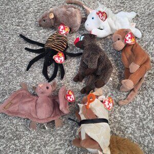 Original Ty Beanie Babies, lot of 8: Bongo, Mystic, Nuts, Tiptoe, Cheeks + more